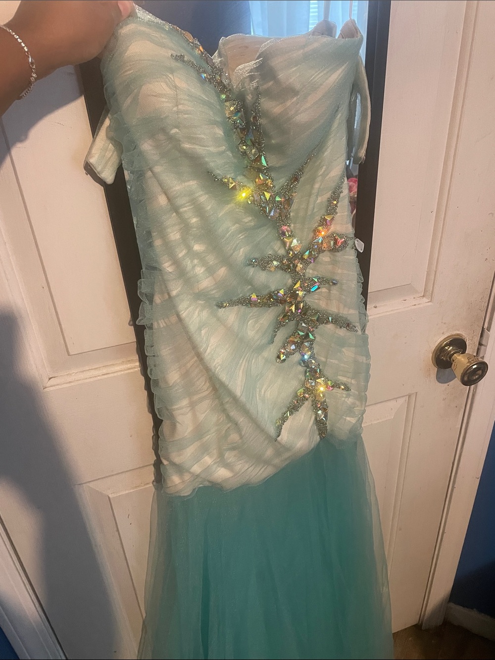 Sparkling Aqua Tulle Kids Dress with Crystal Starburst Detail